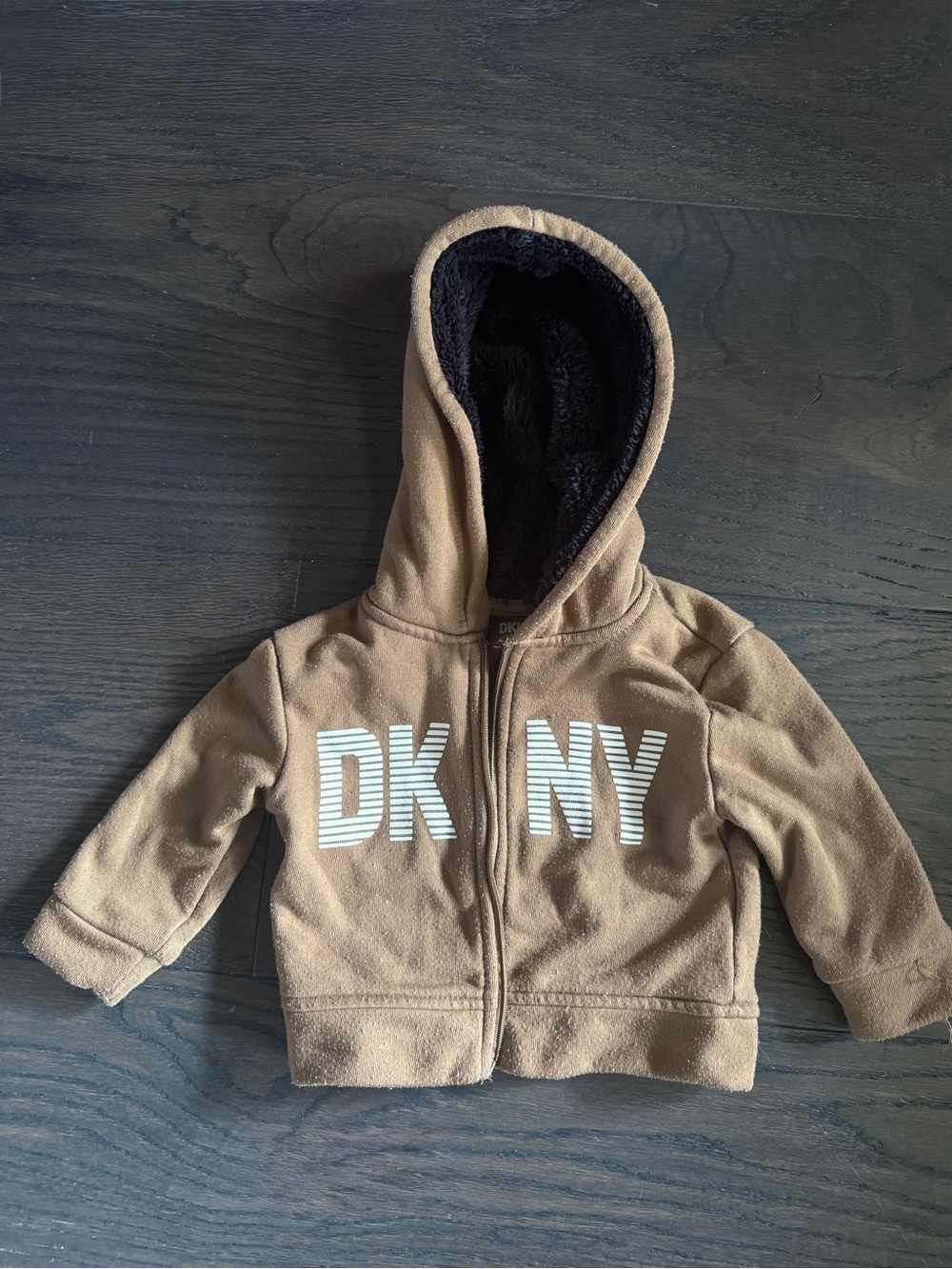 DKNY Toddler Hooded Zip-Up Jacket in Brown with Black Lining